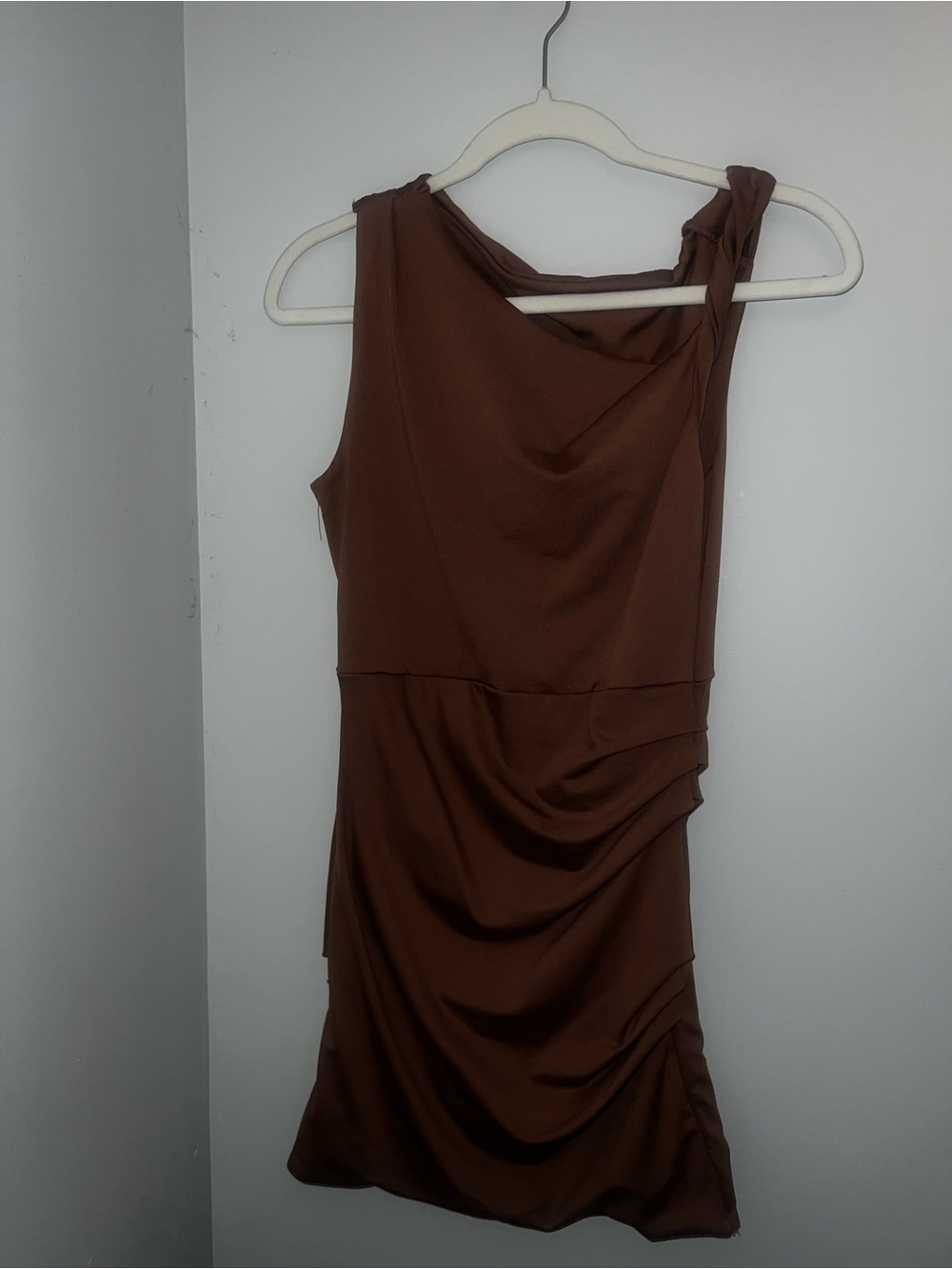 Sleeveless Brown One-Shoulder Draped Dress